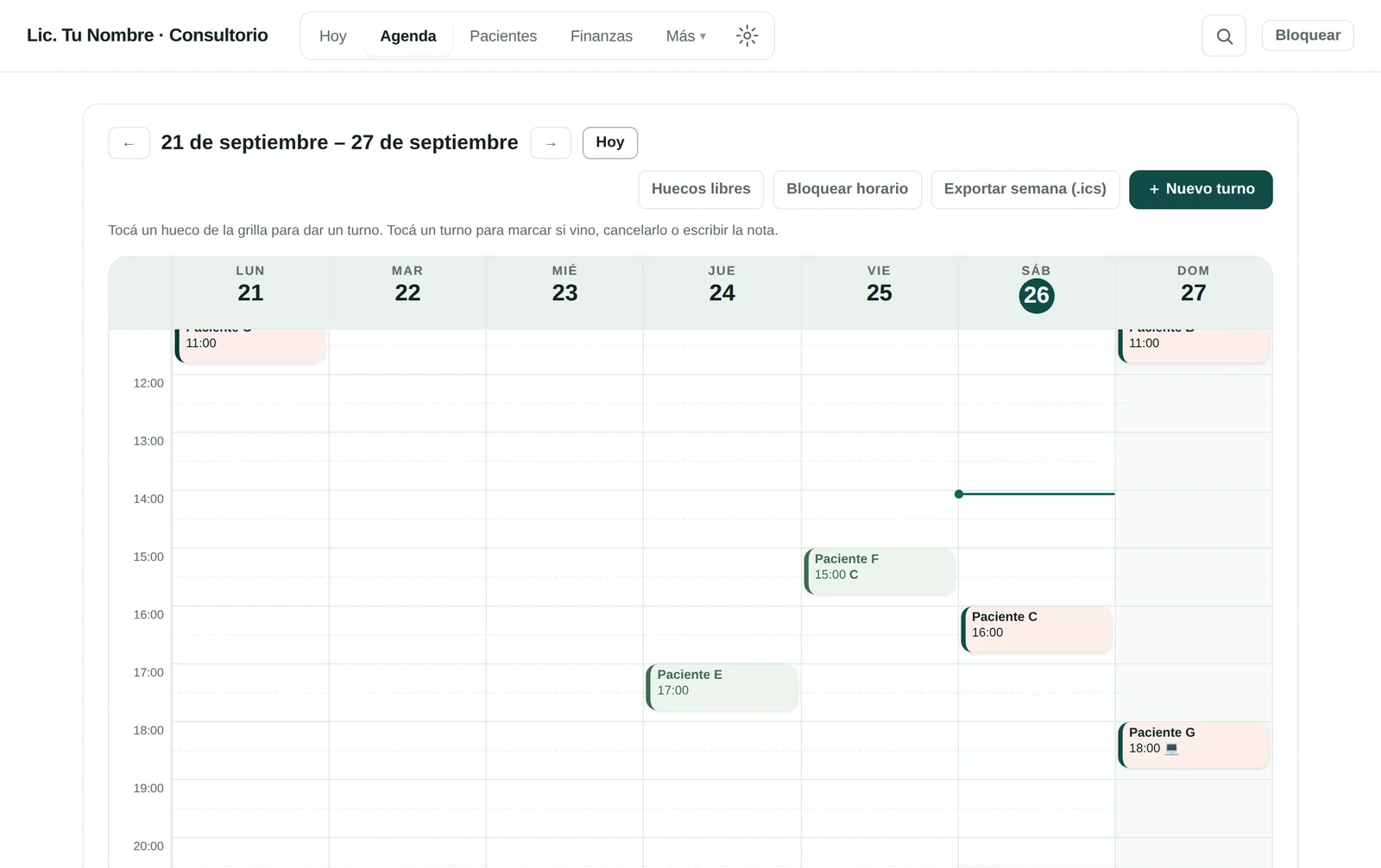 Agenda semanal con los turnos de cada día