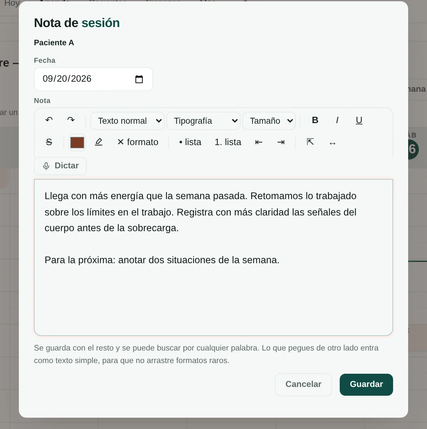 Nota de sesión de un paciente